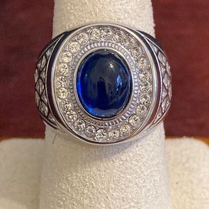 Men’s oval cut blue sapphire and cz pave set  stainless steel pinky ring